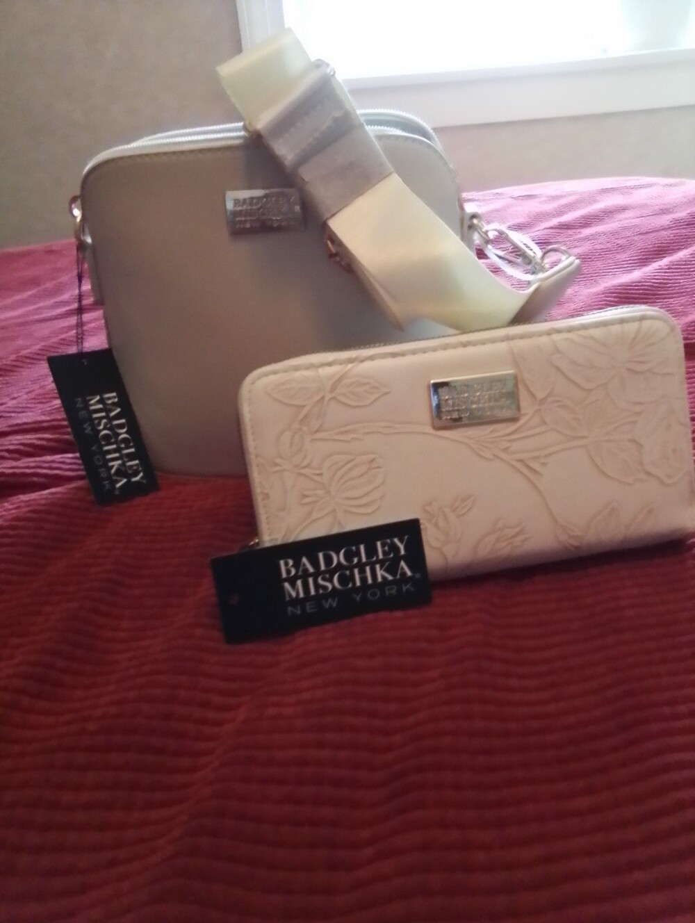 Badgley Mischka Cream Embossed Wallet and Light Gray Crossbody Bag Set